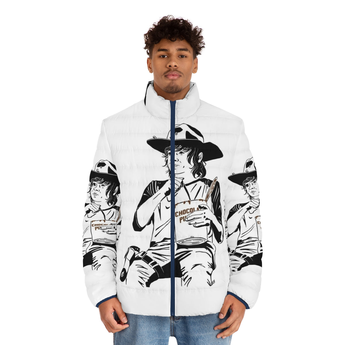 Pudding Carl Fanart Puffer Jacket, featuring a line art design of The Walking Dead character Carl Grimes - men front