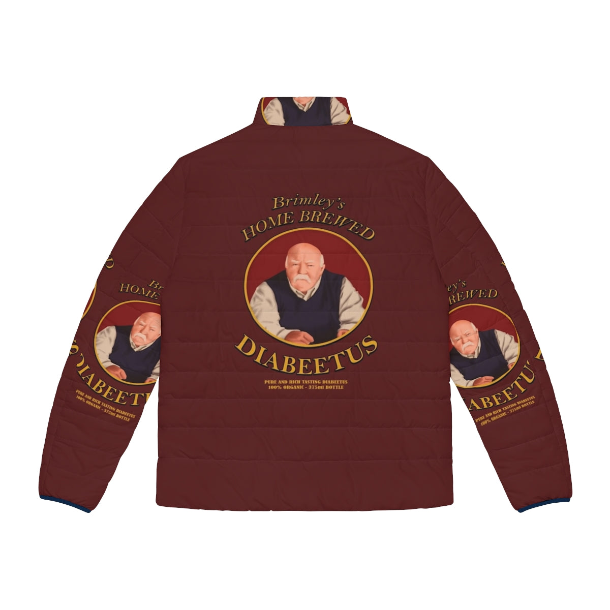 Diabeetus Puffer Jacket featuring Wilfred Brimley and diabetes awareness design - Back