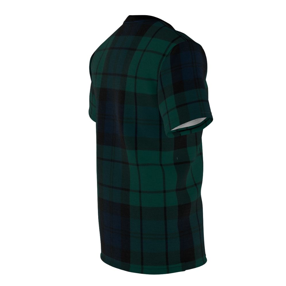 Stylish t-shirt featuring the iconic Black Watch tartan pattern, a celebrated Scottish clan design. - men right