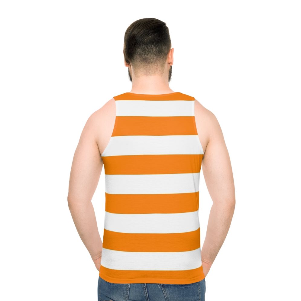 Orange and white horizontal striped unisex tank top - men back