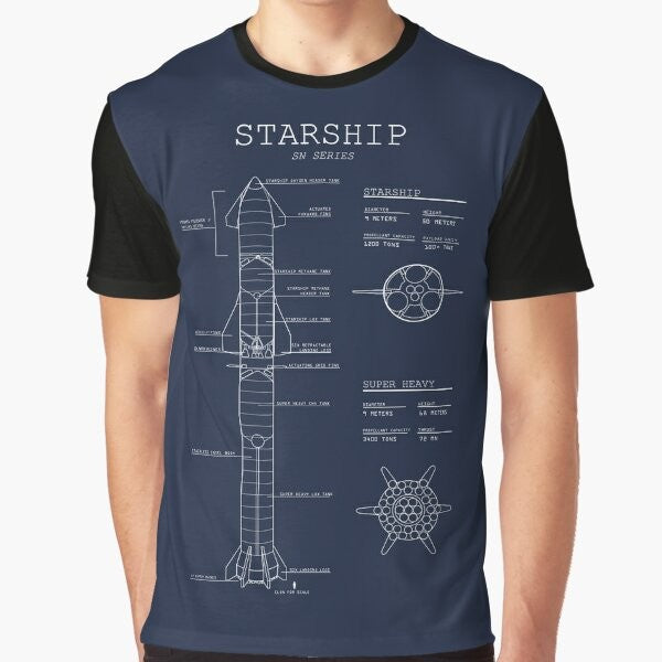 Detailed blueprint graphic design of the SpaceX Starship rocket on a t-shirt