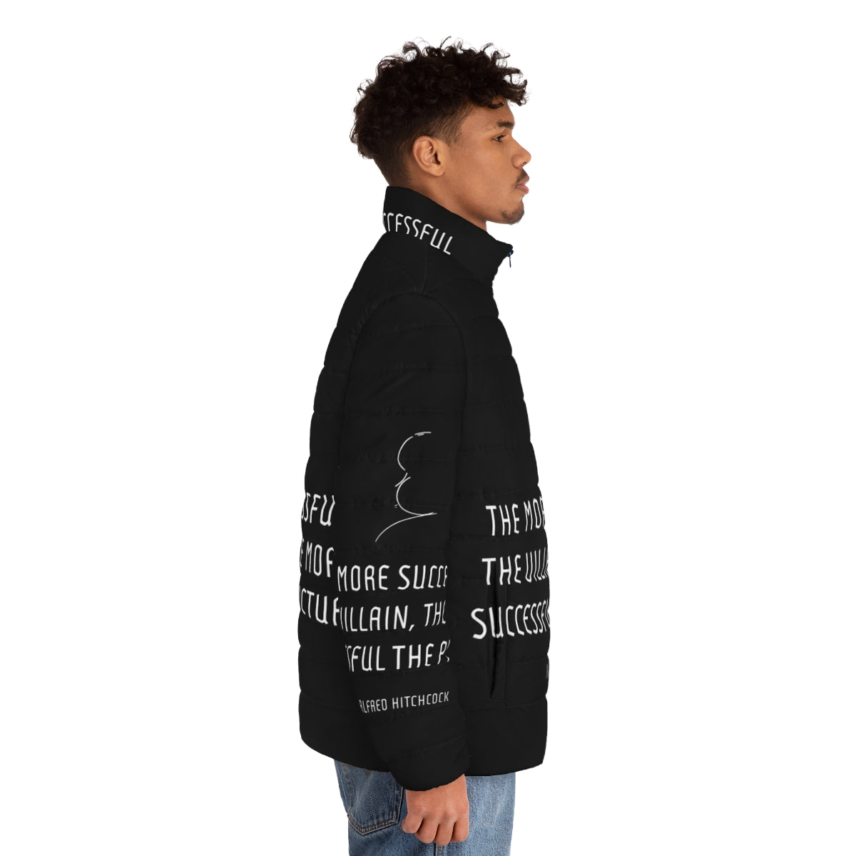 Alfred Hitchcock Villain Quote Puffer Jacket - men side right