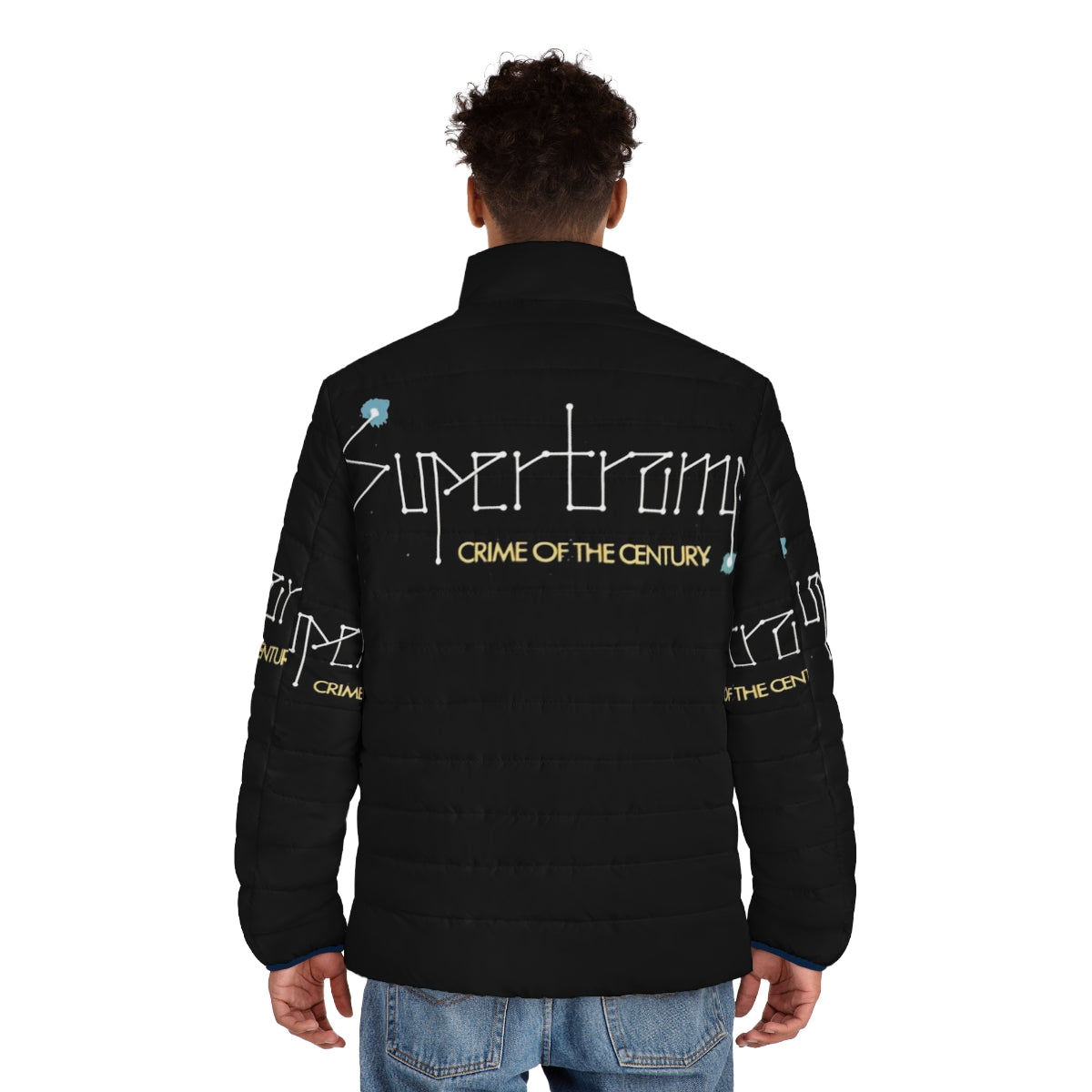 Supertramp-themed puffer jacket featuring the iconic band's logo and vintage-inspired design - men back