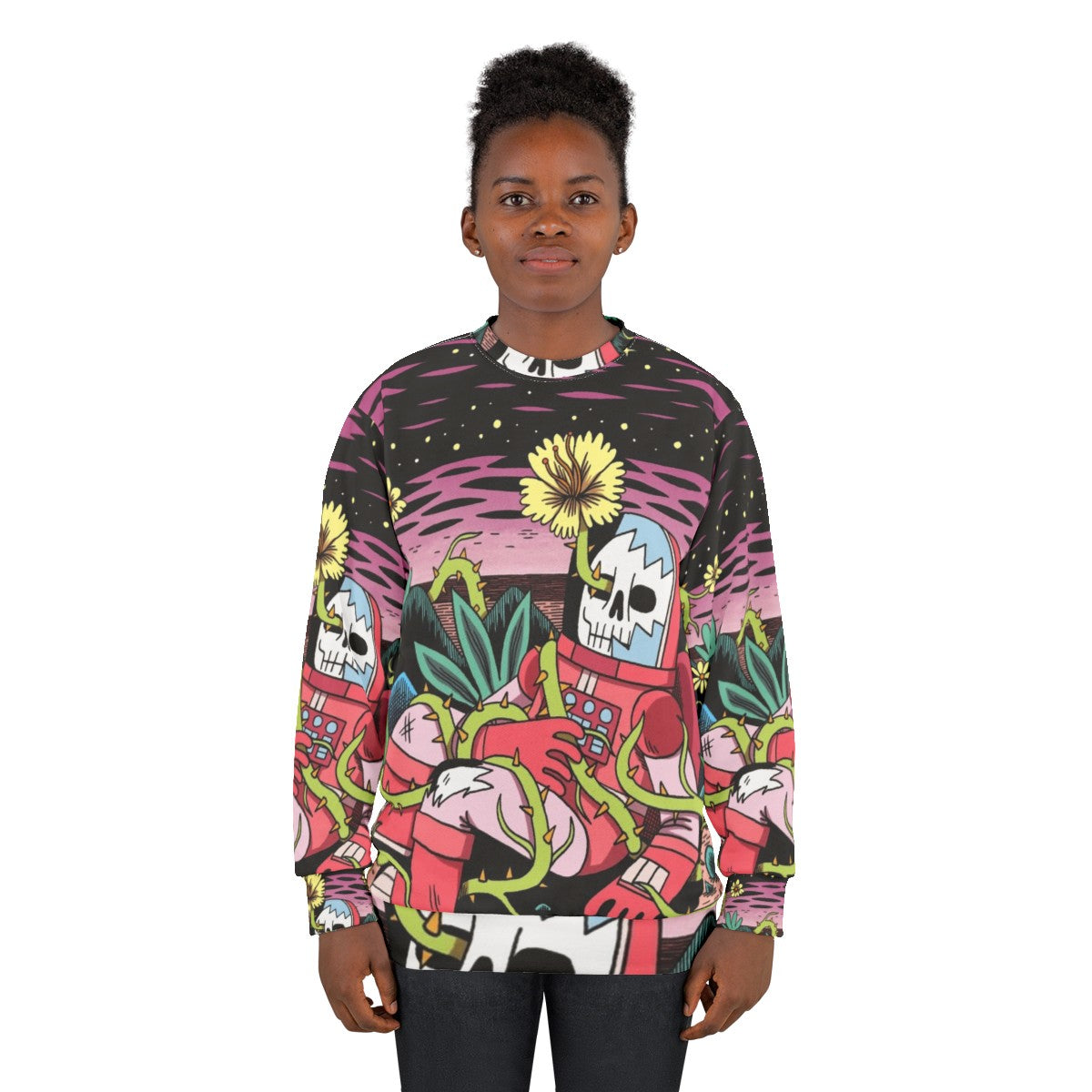 Flower pattern sweatshirt with cosmic, space-inspired design - women