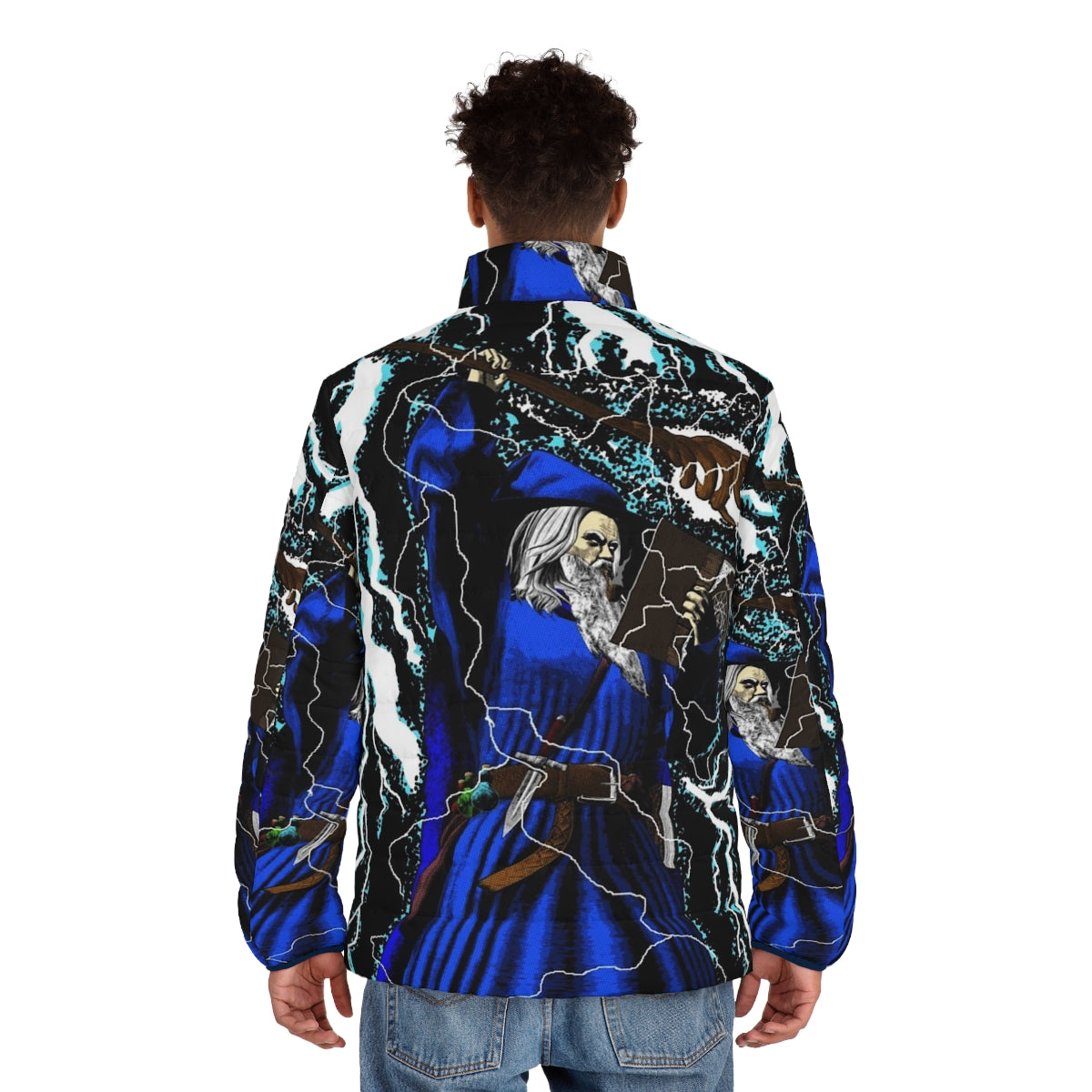 Merlin wizard blue puffer jacket with high fantasy and vintage elements - men back