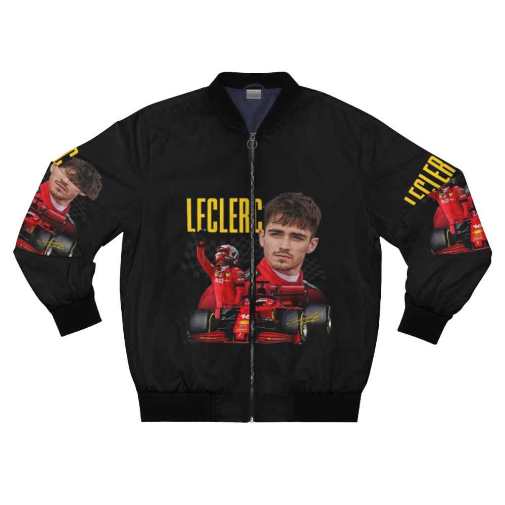 Charles Leclerc wearing a Ferrari F1 inspired bomber jacket