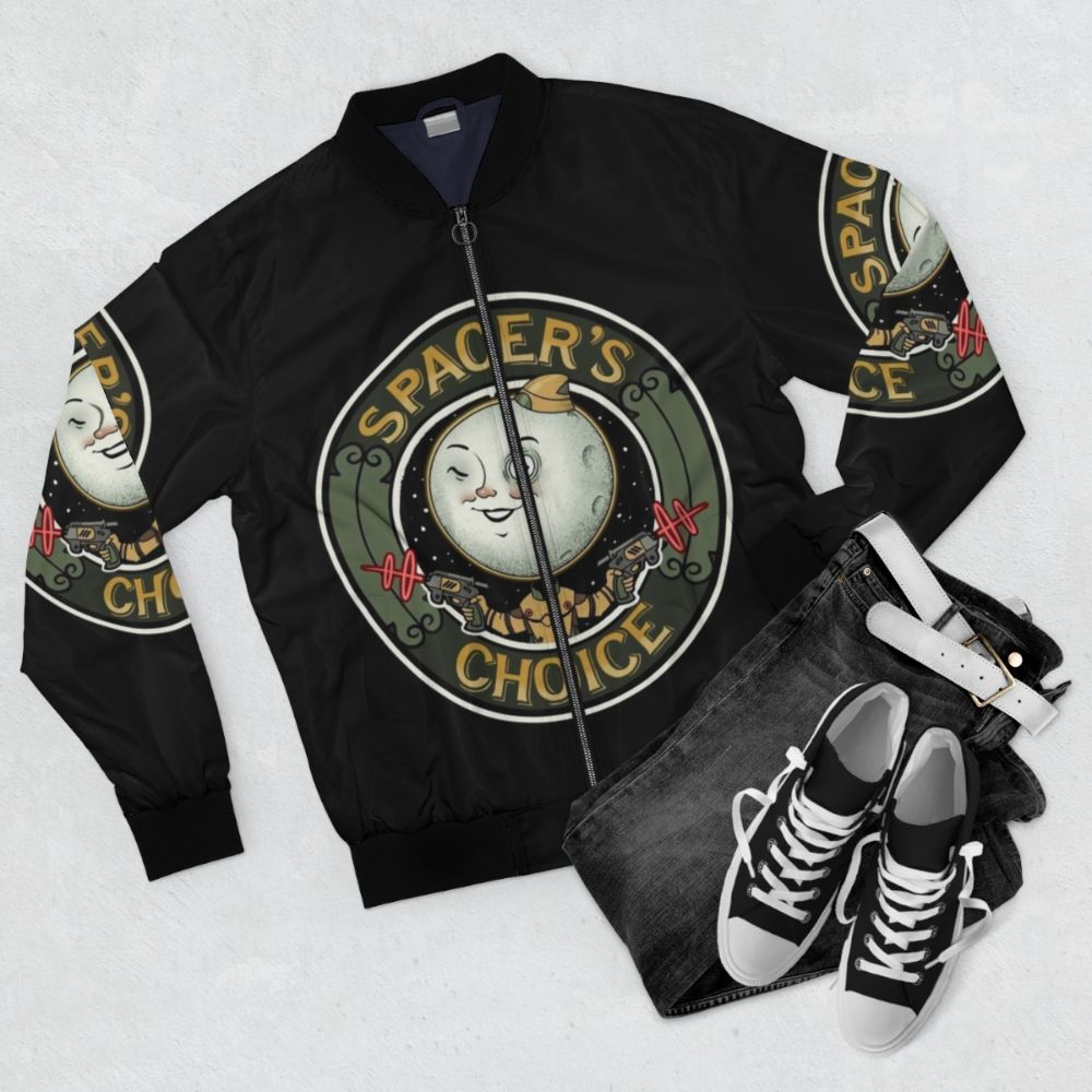 The Outer Worlds Spacer's Choice Bomber Jacket featuring the Spacer's Choice logo and design - Flat lay