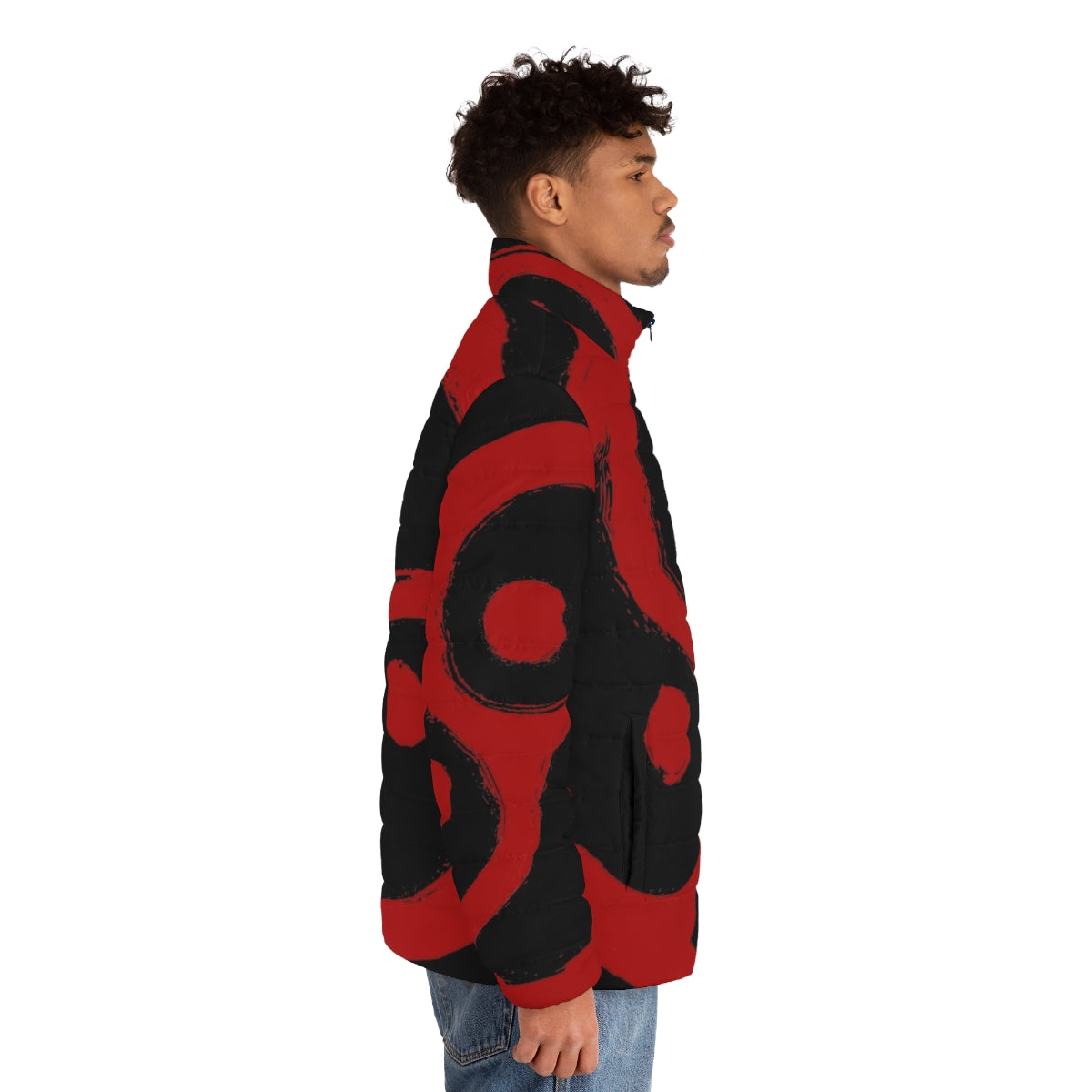 Red puffer jacket with triskelion design, BDSM and fetish inspired fashion - men side right