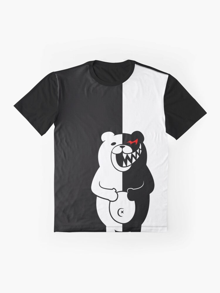 Danganronpa Monokuma Graphic T-Shirt featuring the iconic black and white bear character - Flat lay