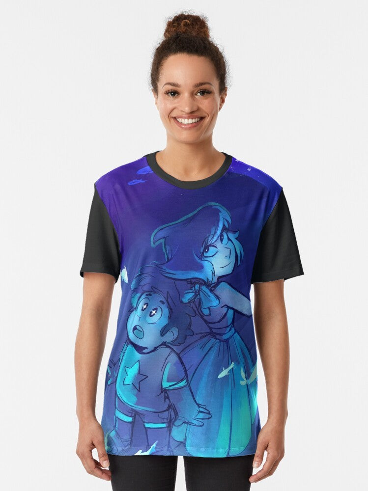 Lapis Lazuli from Steven Universe using her hydrokinetic powers to control water in the shape of fish on a graphic t-shirt design - Women