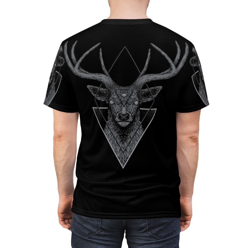 Stylized dark deer illustration on a graphic t-shirt design - men back