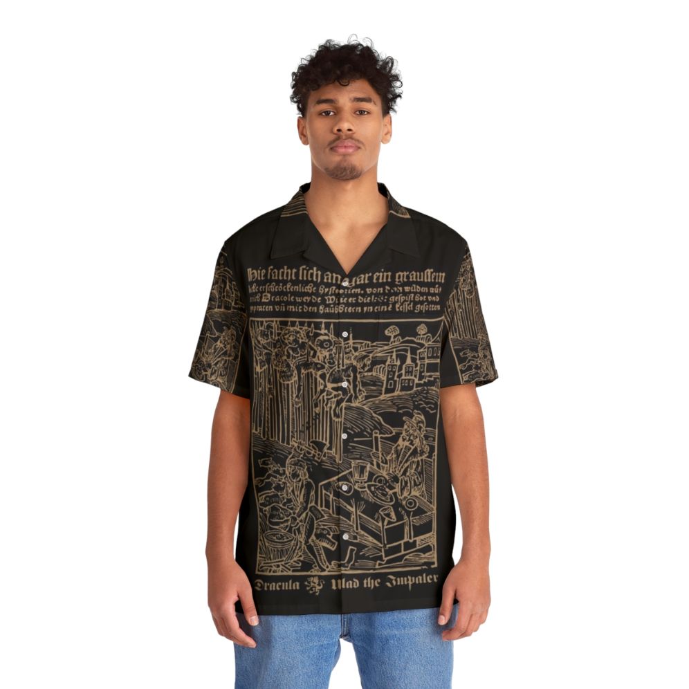 Dracula-Inspired Hawaiian Shirt with Vampire and Gothic Motifs - People Front