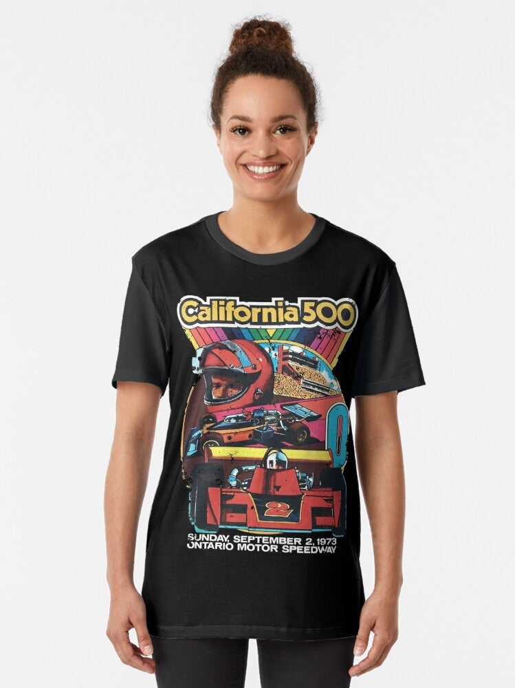 Vintage California 500 Racing Graphic T-Shirt with classic car silhouettes and motorsports inspired design - Women