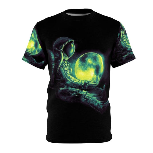 Surreal and abstract t-shirt design featuring a moon, stars, and cosmic elements