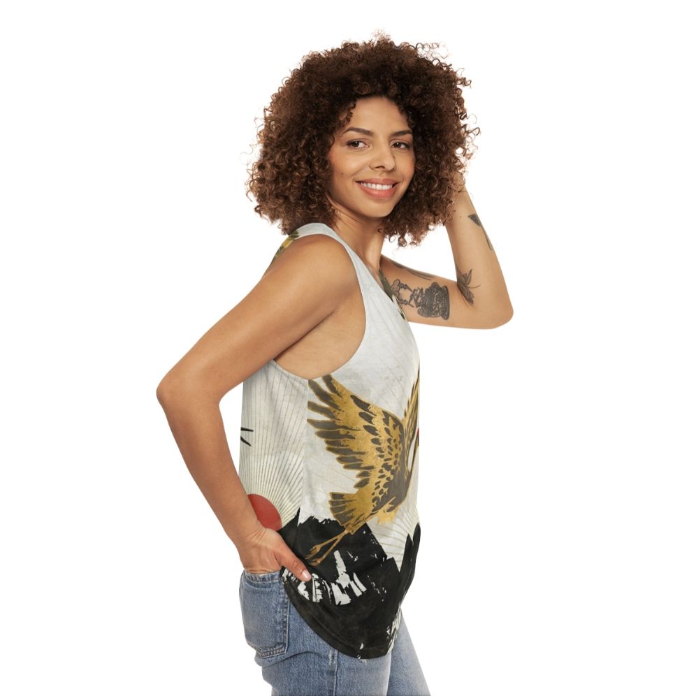 Elegant crane in flight unisex tank top - women side