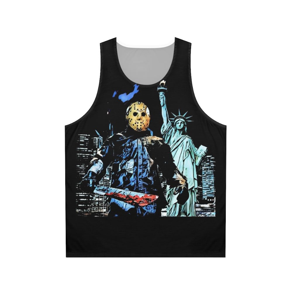 "Jason Takes Manhattan" Unisex Tank Top featuring the iconic Friday the 13th slasher