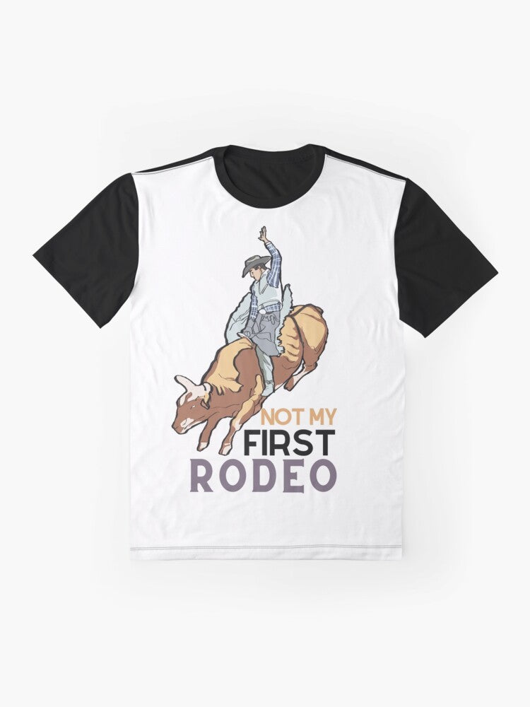 "Not My First Rodeo" graphic t-shirt with a vintage-style horse and cowboy design - Flat lay