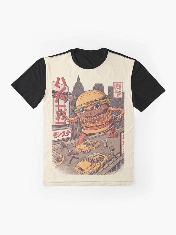 Retro-style BurgerZilla graphic t-shirt with anime and kaiju-inspired burger design - Flat lay