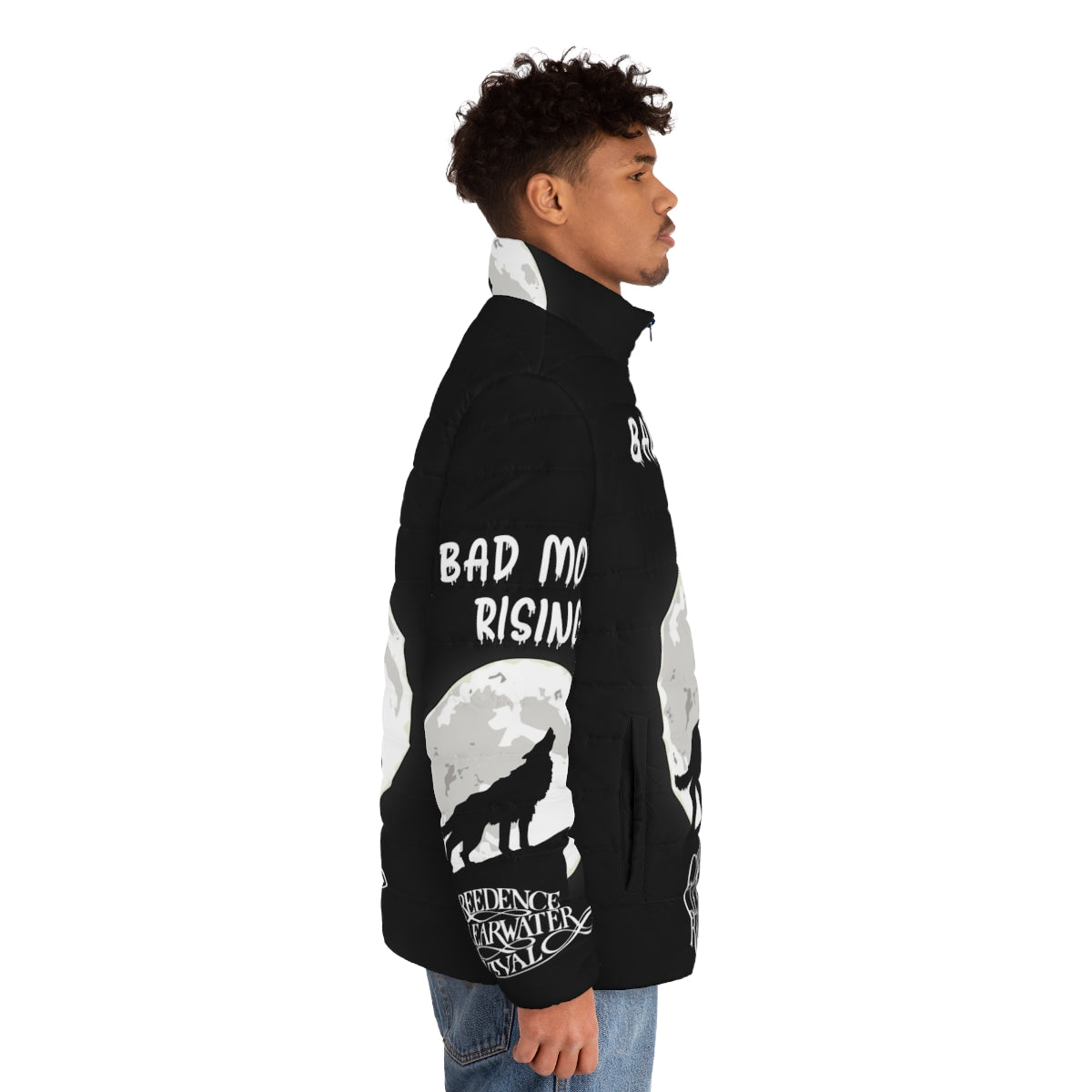 Creedance Clearwater Revival "Bad Moon Rising" puffer jacket with vintage music and fashion design - men side right