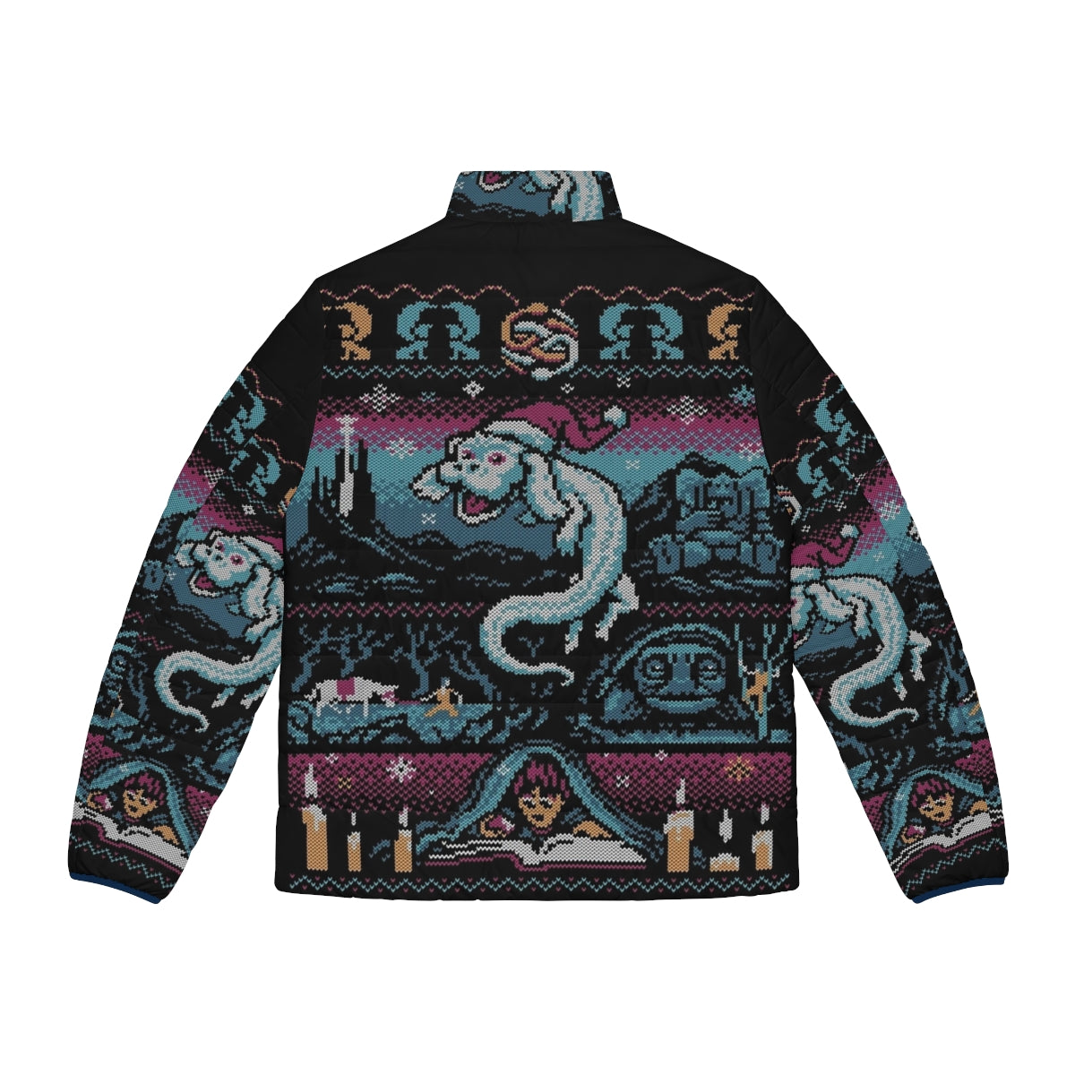 Neverending Story-inspired Falcor puffer jacket featuring a whimsical holiday design - Back