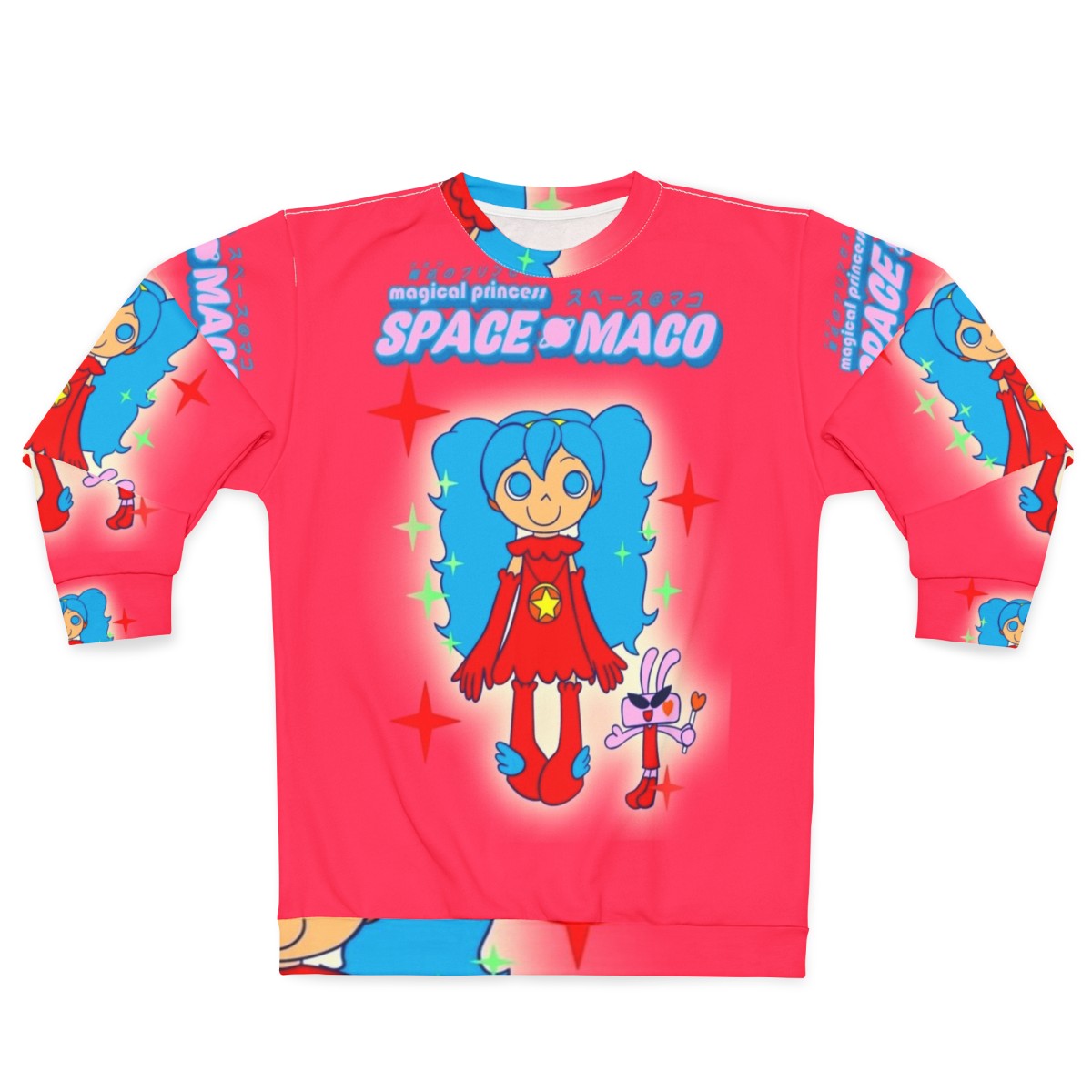 Magical pop music dance sweatshirt featuring a pink and blue space maco character