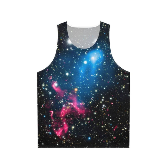 Unisex galaxy tank top featuring colliding galaxies in space