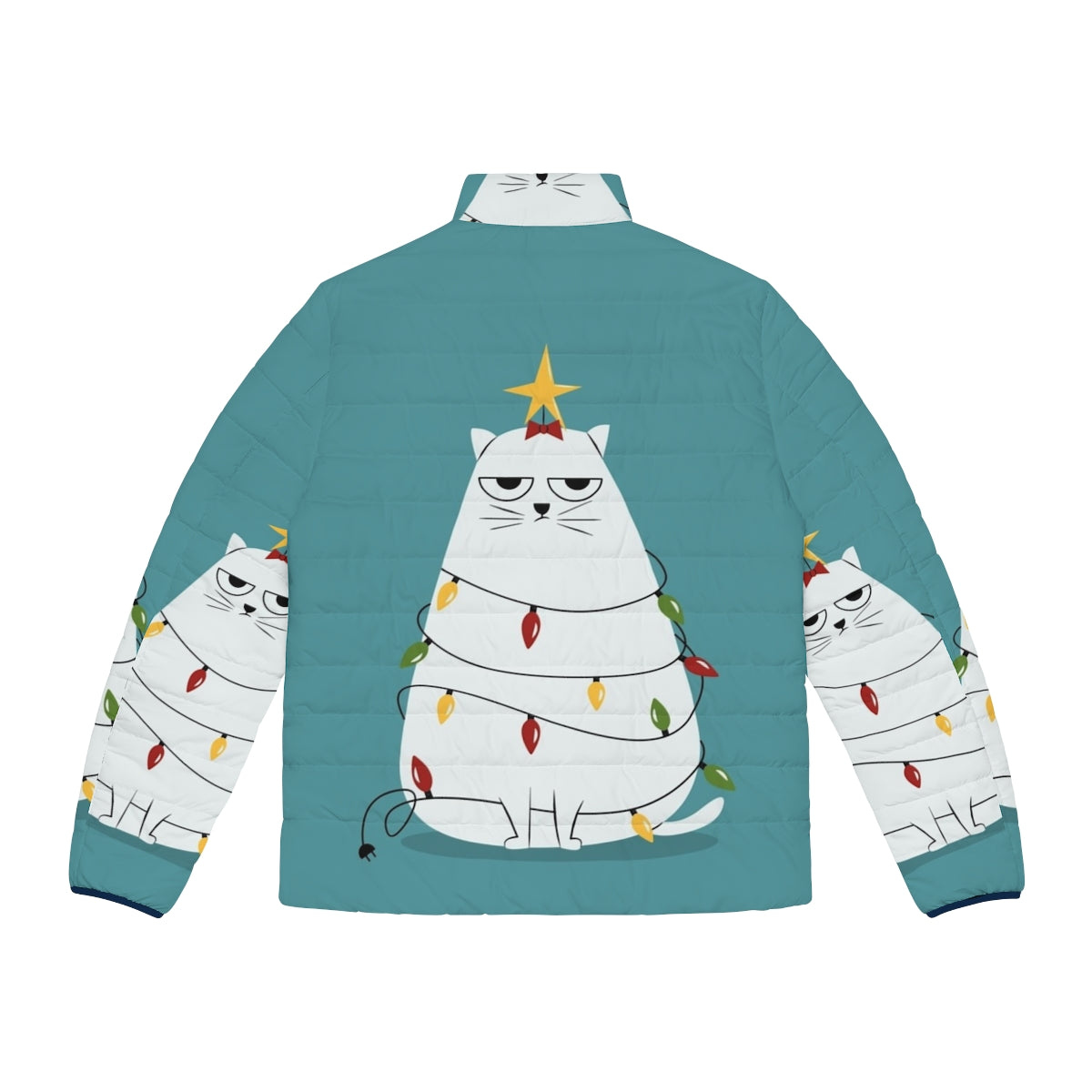 Grumpy Christmas cat puffer jacket with cartoon design - Back