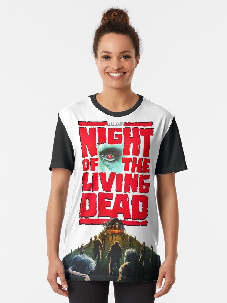 "Night of the Living Dead horror movie-inspired graphic t-shirt design with zombie, horror, and Halloween imagery" - Women