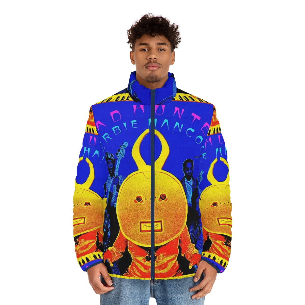 Puffer jacket inspired by the iconic Head Hunters album cover, featuring a vintage funk, soul, and jazz music design - men front