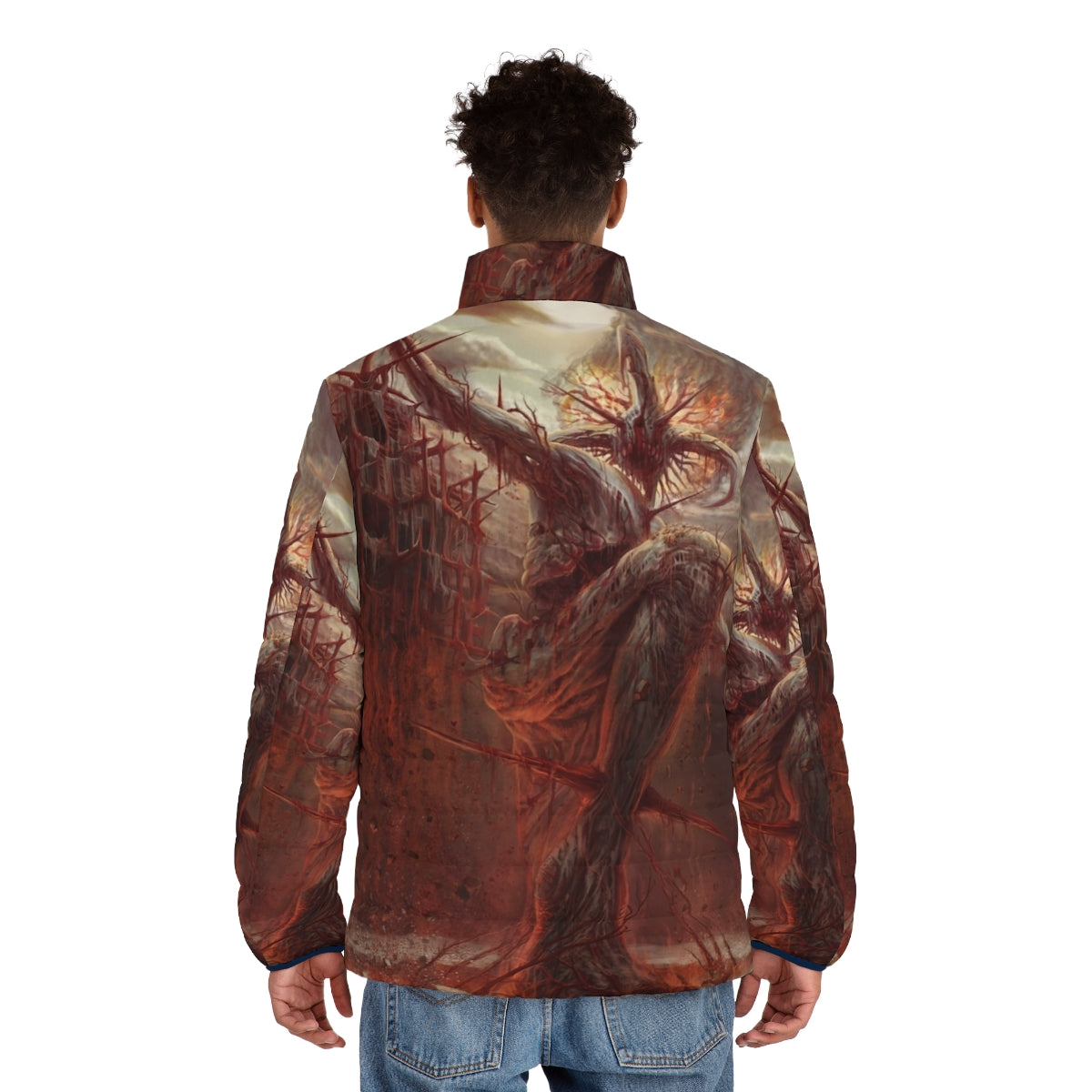 "God of Pain" puffer jacket with dark, gothic and horror-inspired design - men back