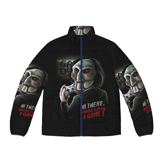 Wanna Play A Game puffer jacket featuring horror movie and gamer design