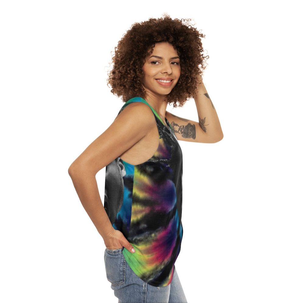 Unisex tie dye tank top with Ol Dirty Bastard inspired design - women side