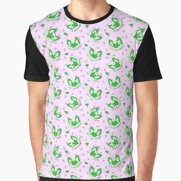 Spriggy pattern graphic t-shirt featuring cute cat and floral design