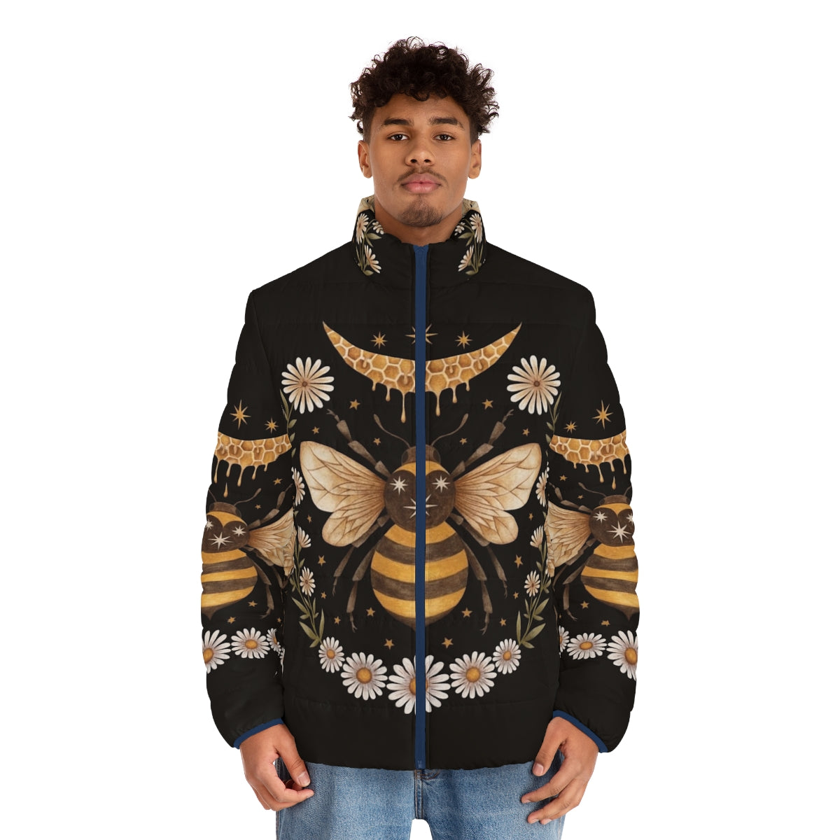 Cozy honeymoon puffer jacket featuring a bee, honey comb, and crescent moon design - men front