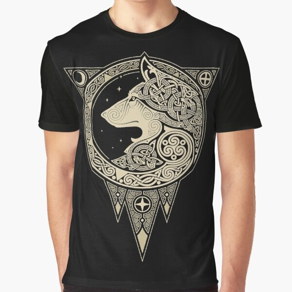 Norse wolf graphic t-shirt featuring mystical Scandinavian mythology elements