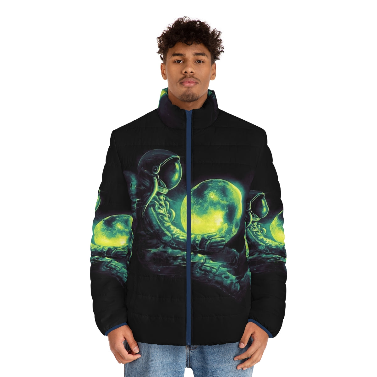 Stylish puffer jacket with a surreal, intergalactic design featuring the moon, stars, and planets - men front