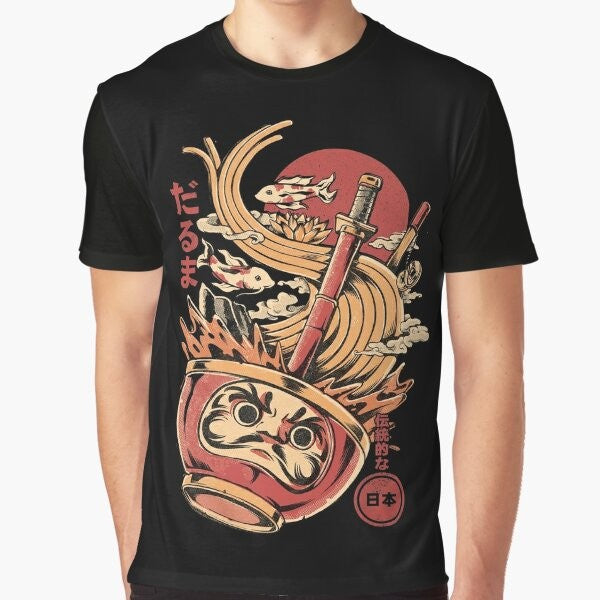 Daruma's Ramen Graphic T-Shirt featuring a Japanese inspired design with a Daruma doll and ramen noodles