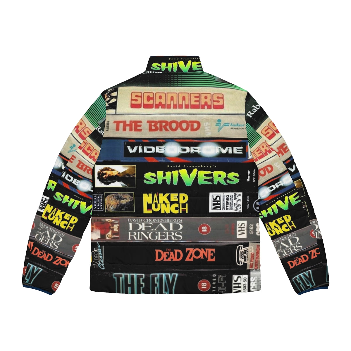 Cronenberg VHS collection puffer jacket featuring vintage horror movie graphics - Back