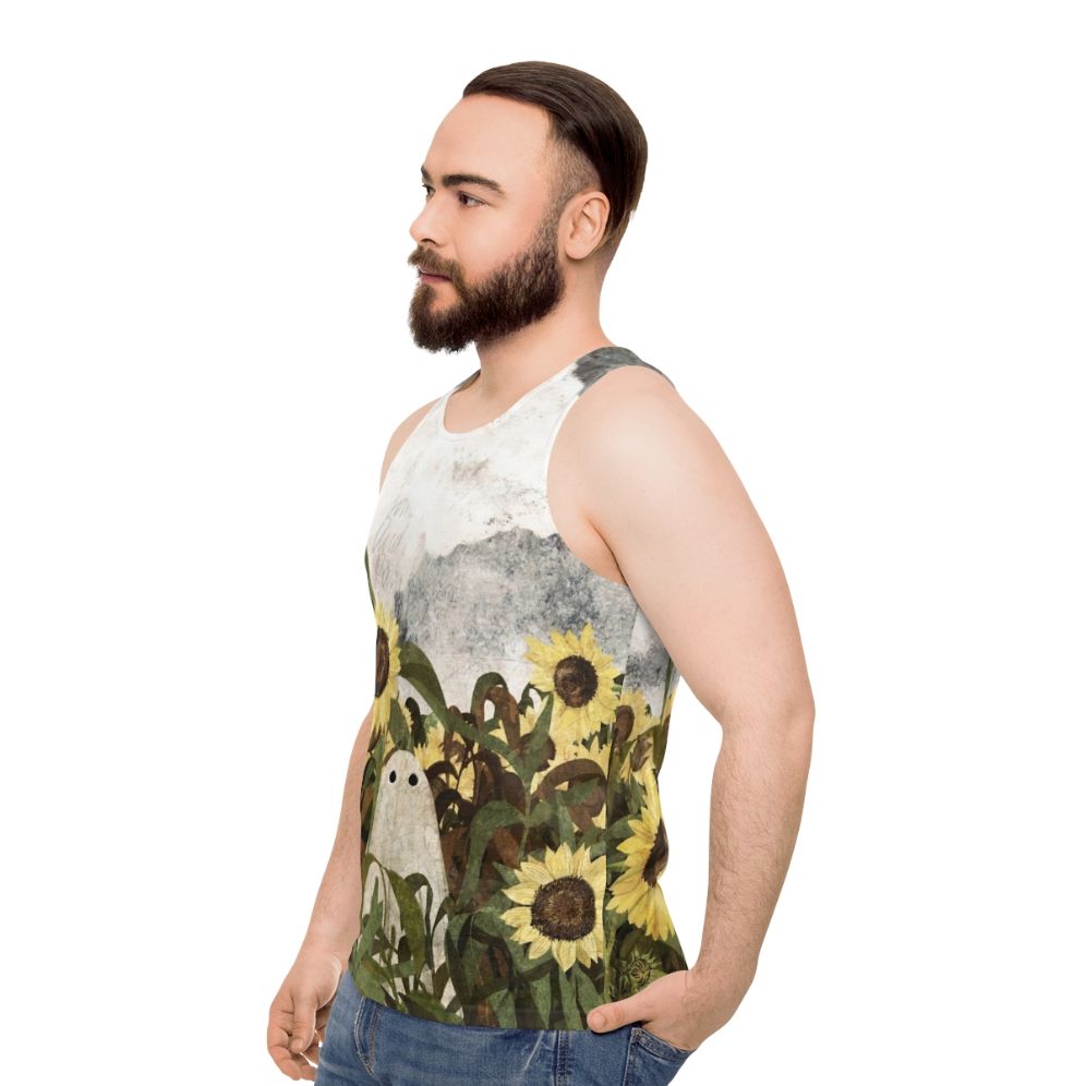 Vintage ghost in a sunflower field unisex tank top - men side