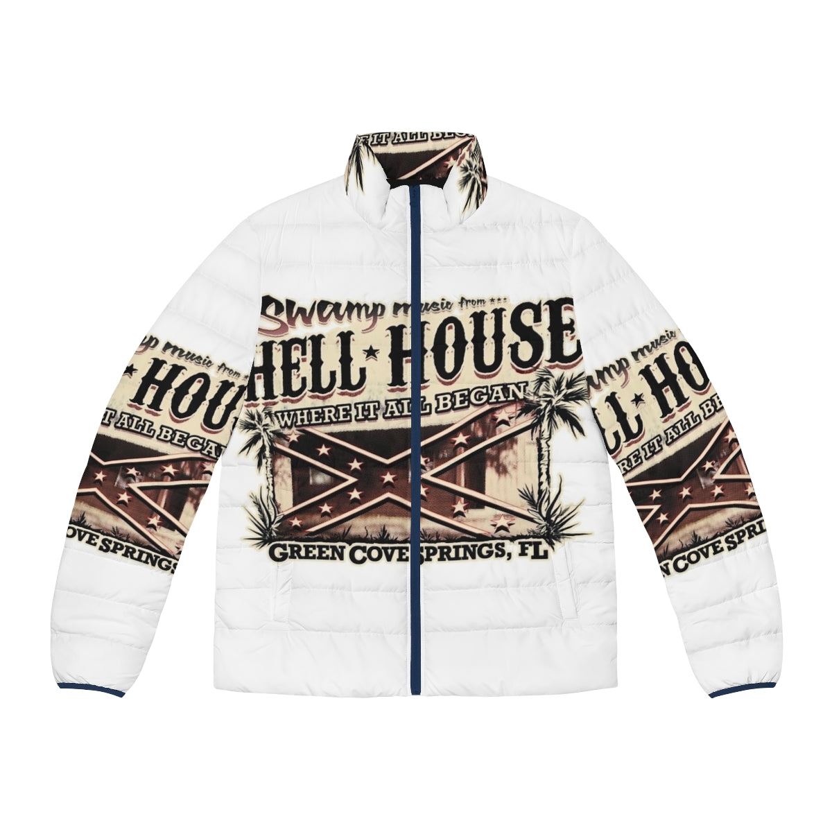 A puffer jacket featuring Hell House Swamp music for Skynyrd fans