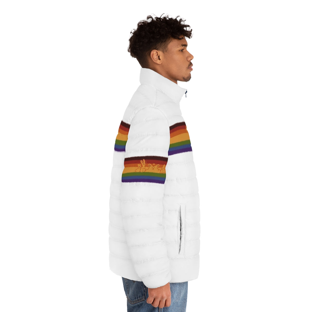 A colorful puffer jacket featuring a design of cute rabbits in rainbow pride colors - men side right