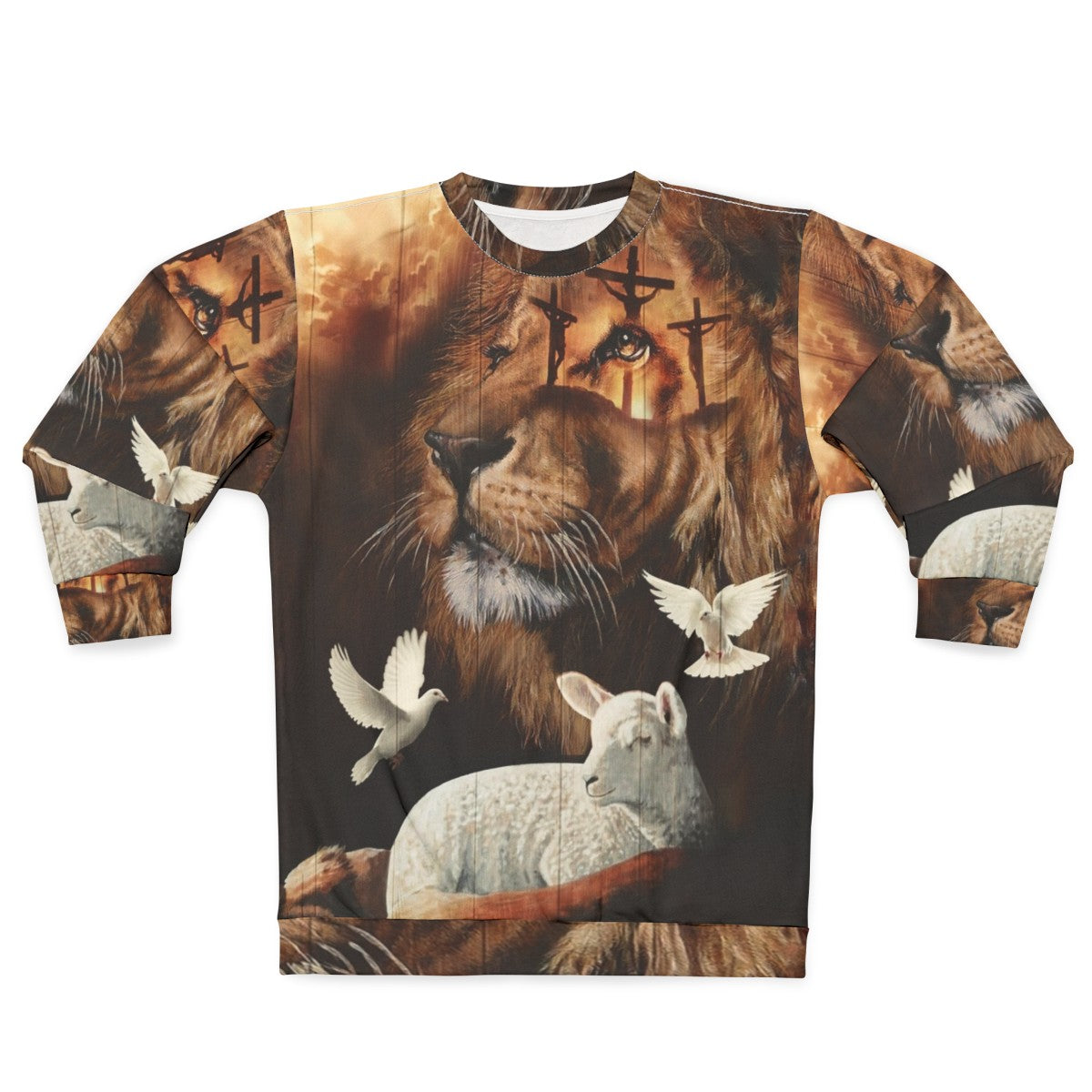 Christian sweatshirt with a design featuring the Lion of Judah and the Lamb of God