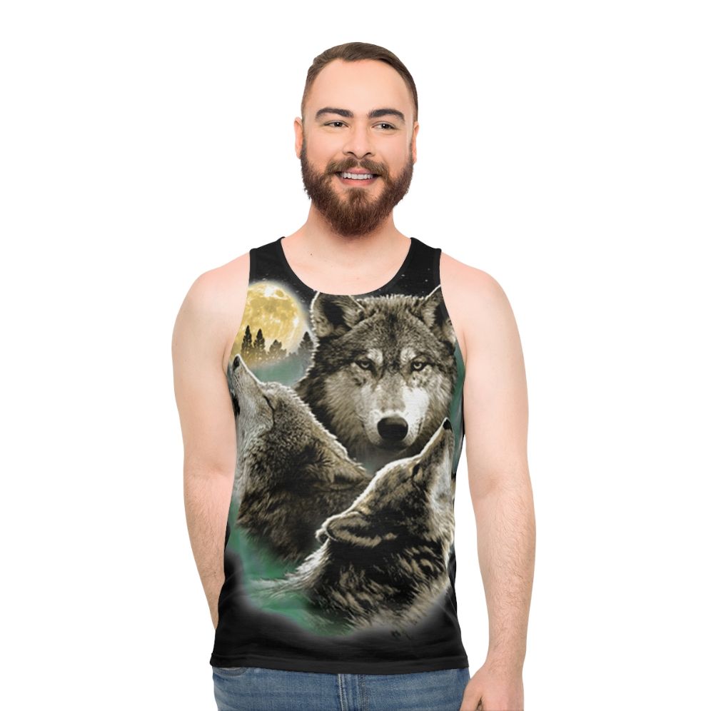 Unisex tank top with three wolves howling at the full moon in the wilderness - men