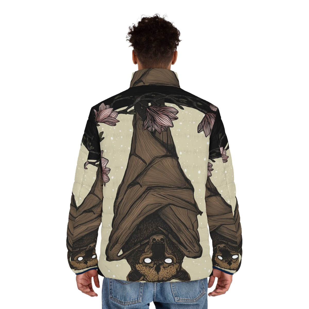 Bat print puffer jacket with a spooky and wildlife-inspired design - men back