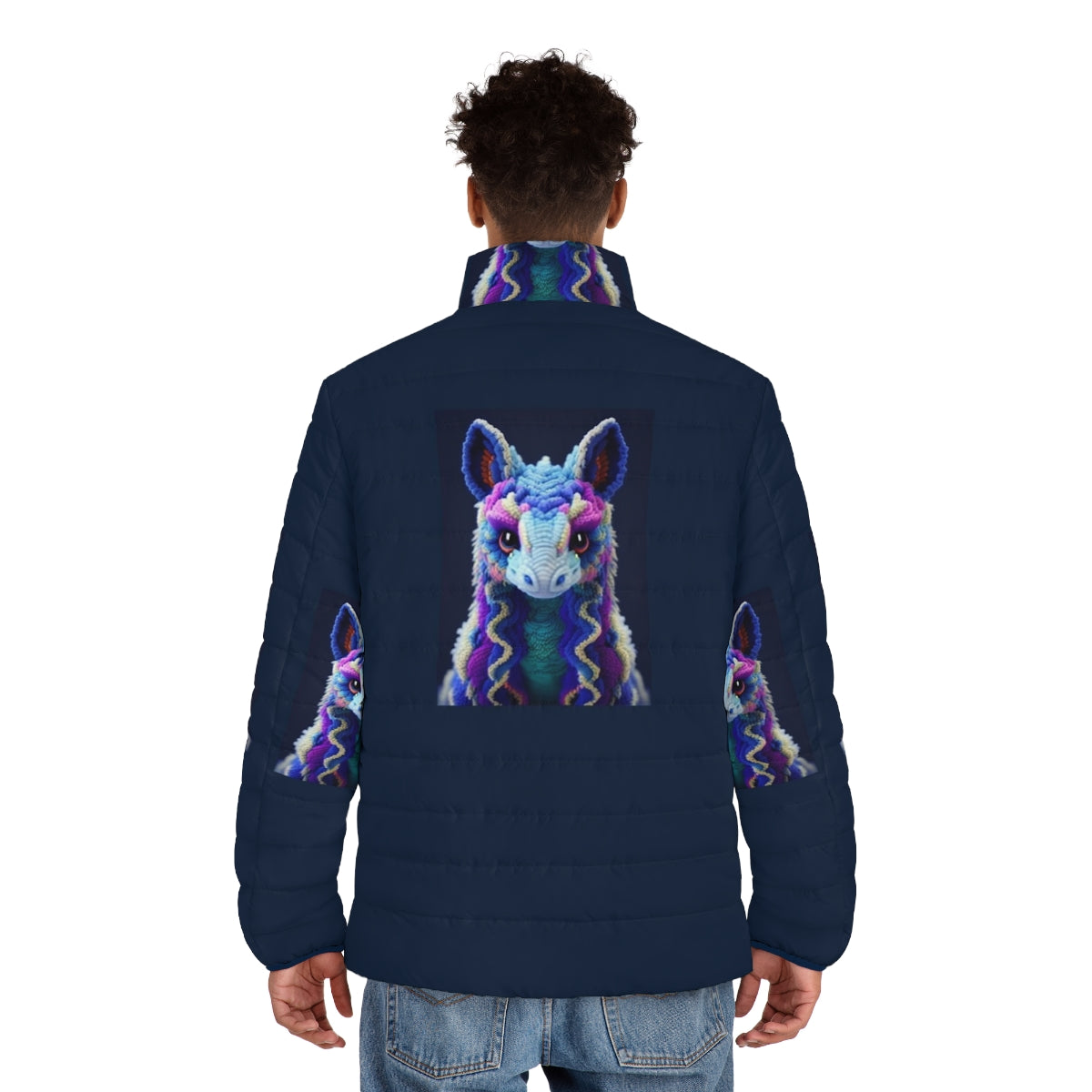 Mythical creature puffer jacket with vibrant, artistic fantasy design - men back