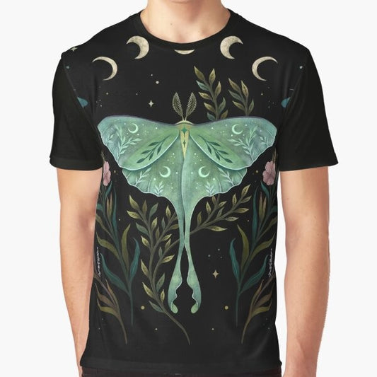 Botanical graphic t-shirt featuring a luna moth and forester moth in a moonlit garden