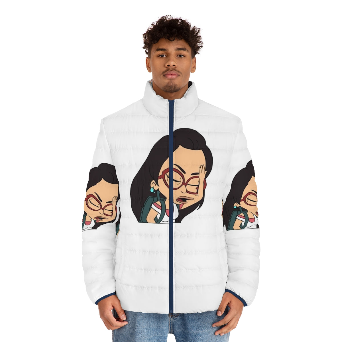 Big Mouth Ali Inspired Puffer Jacket with Hormone Monster Design - men front