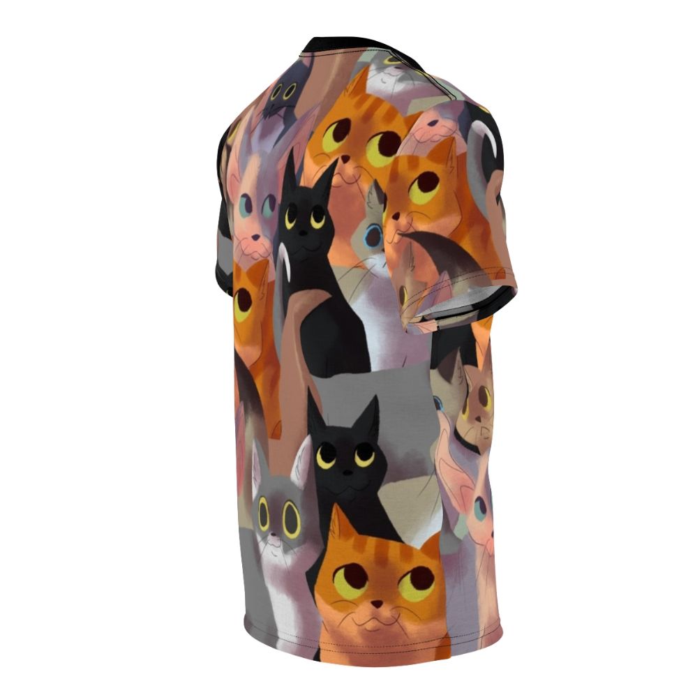 Stylish all-over print t-shirt featuring a vibrant, whimsical cat pattern design - men right