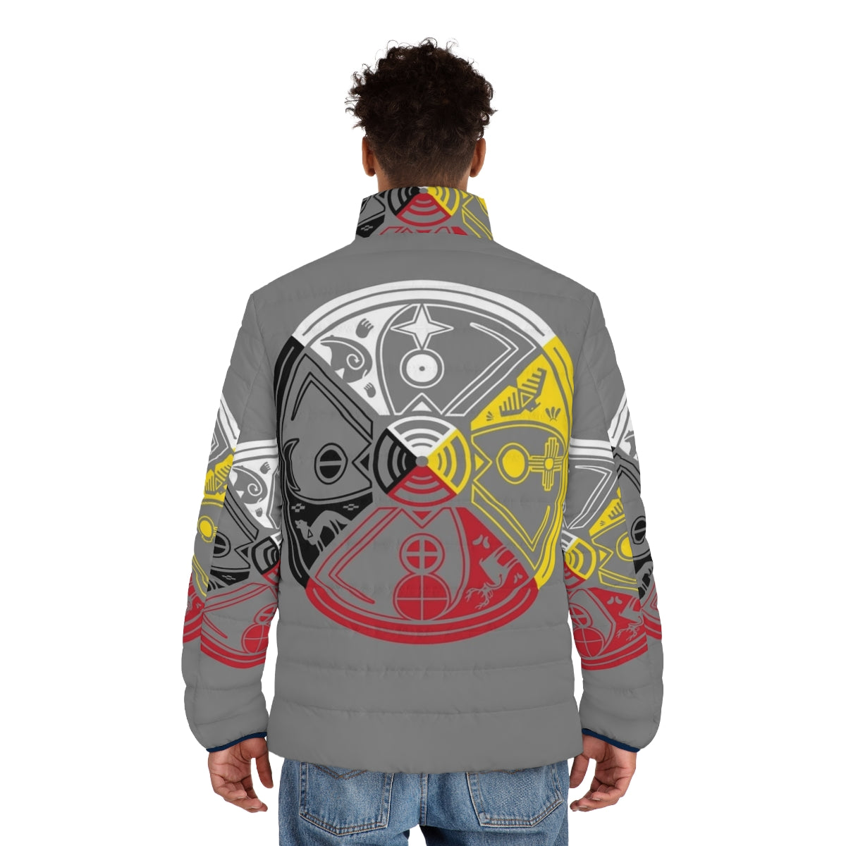 Sacred Hoop Medicine Wheel Puffer Jacket featuring Native American symbols and spiritual imagery - men back