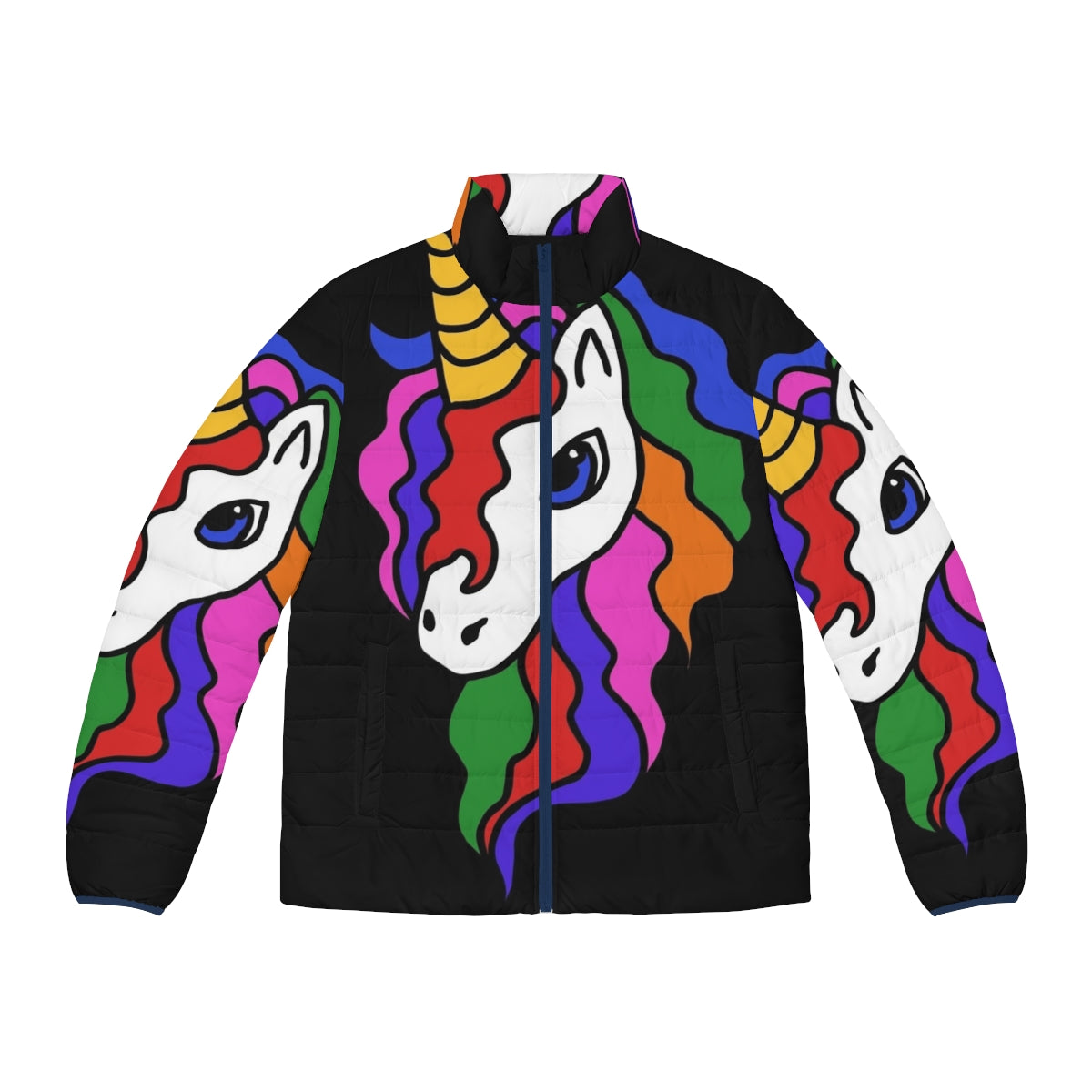 Woman wearing a colorful unicorn puffer jacket with a retro design